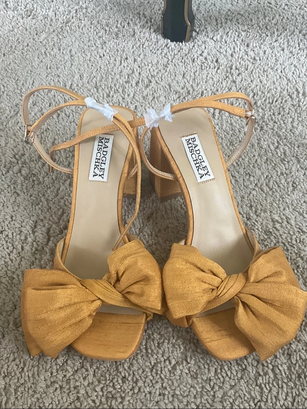 Badgley Mischka Mustard Bow Block Heel Ankle-Strap Sandal